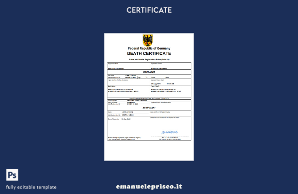 certificato di morte tedesco in stile verificato modello Word e PDF